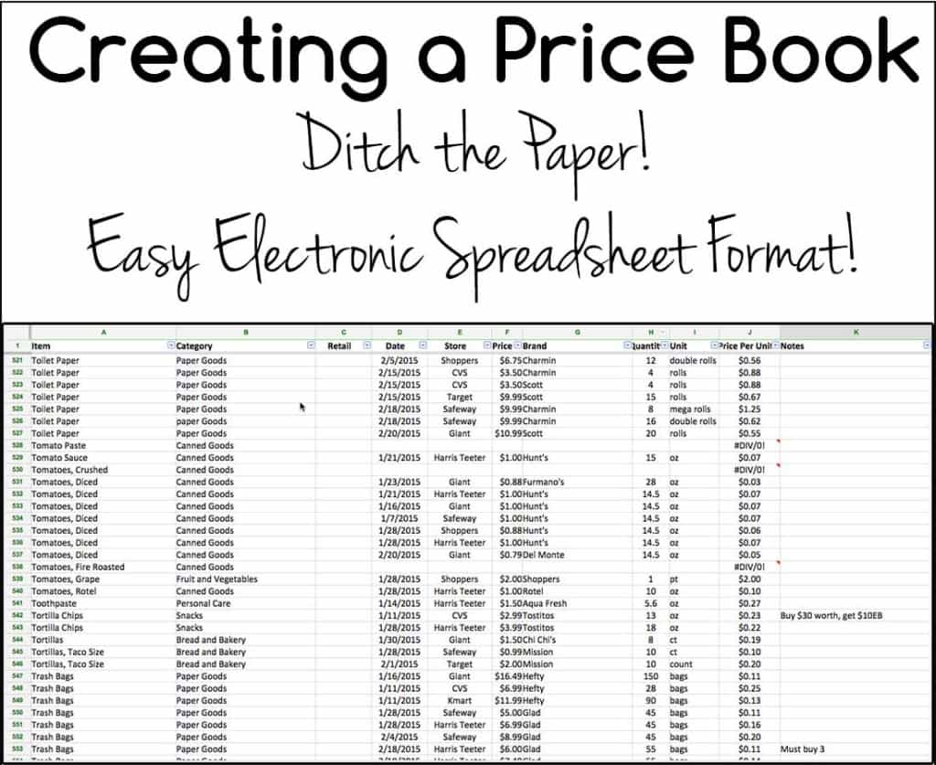 Reviewing weekly sale ads and creating a price book in a spreadsheet format (like Excel)