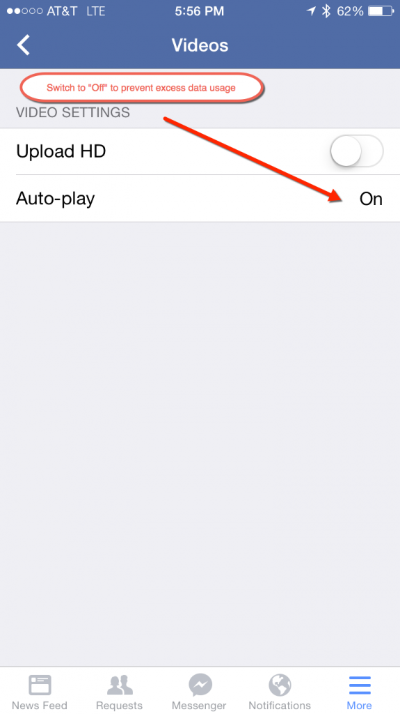 disable facebook auto play for videos - save data when using phone abroad