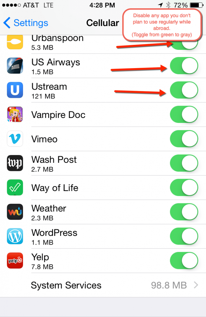 Disable data for certain apps on iPhone when traveling abroad