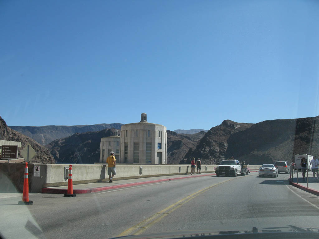 Cars driving across the Hoover Dam in 2008