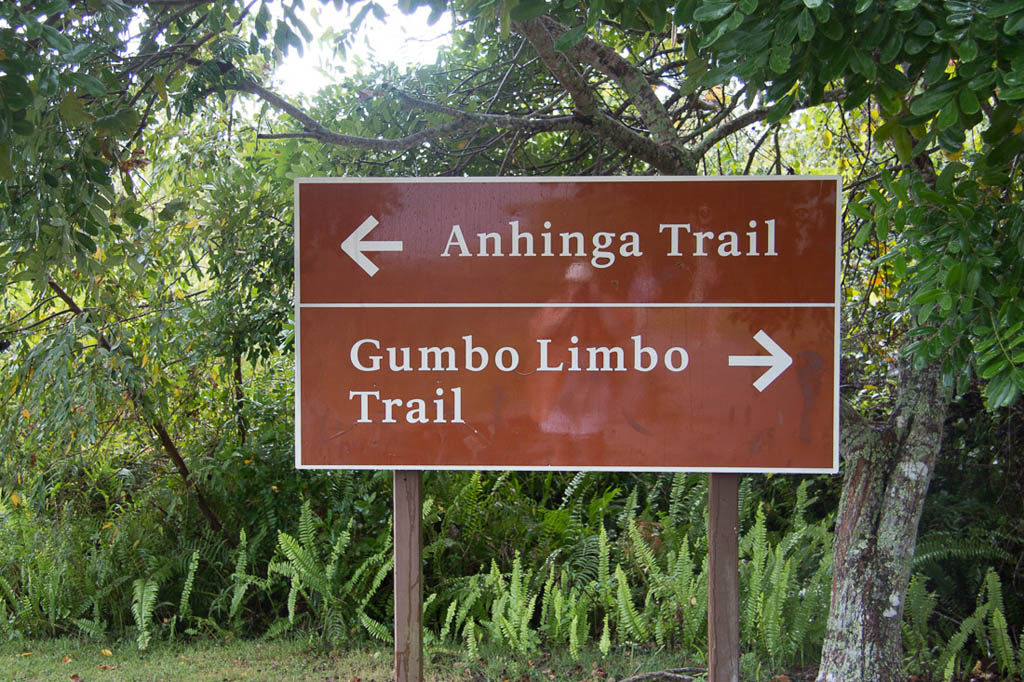 Sign for Anhinga Trail and Gumbo Limbo Trail at Everglades National Park