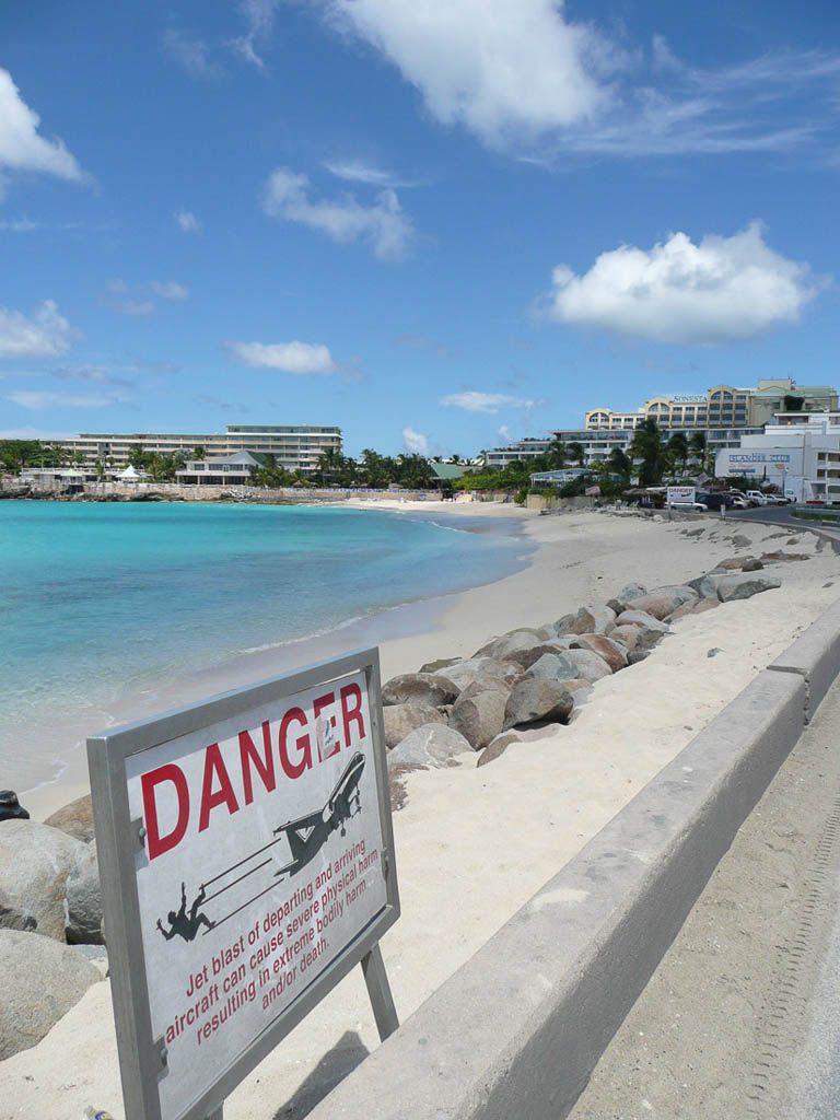 Danger signs at Maho Beach in St. Maarten