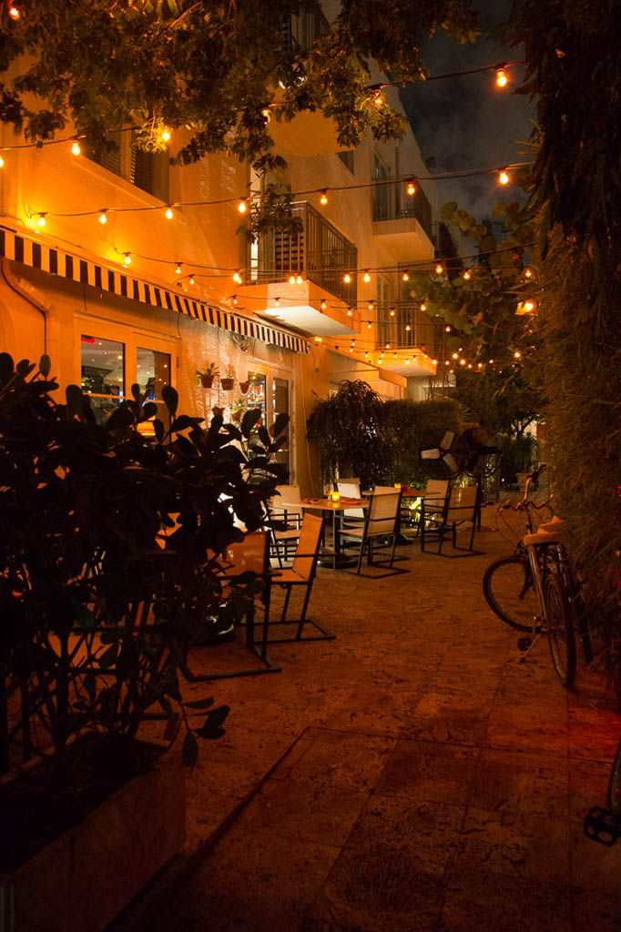 Nighttime view of patio at Angler’s