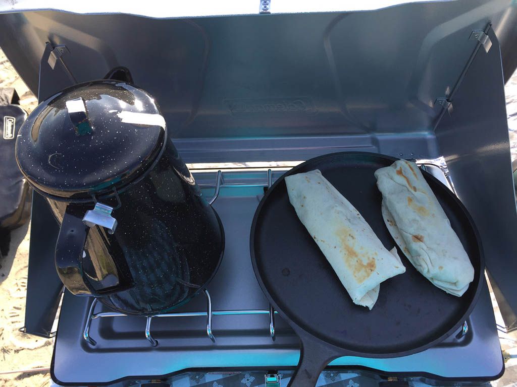 Camping breakfast foods - breakfast burritos and hot chocolate
