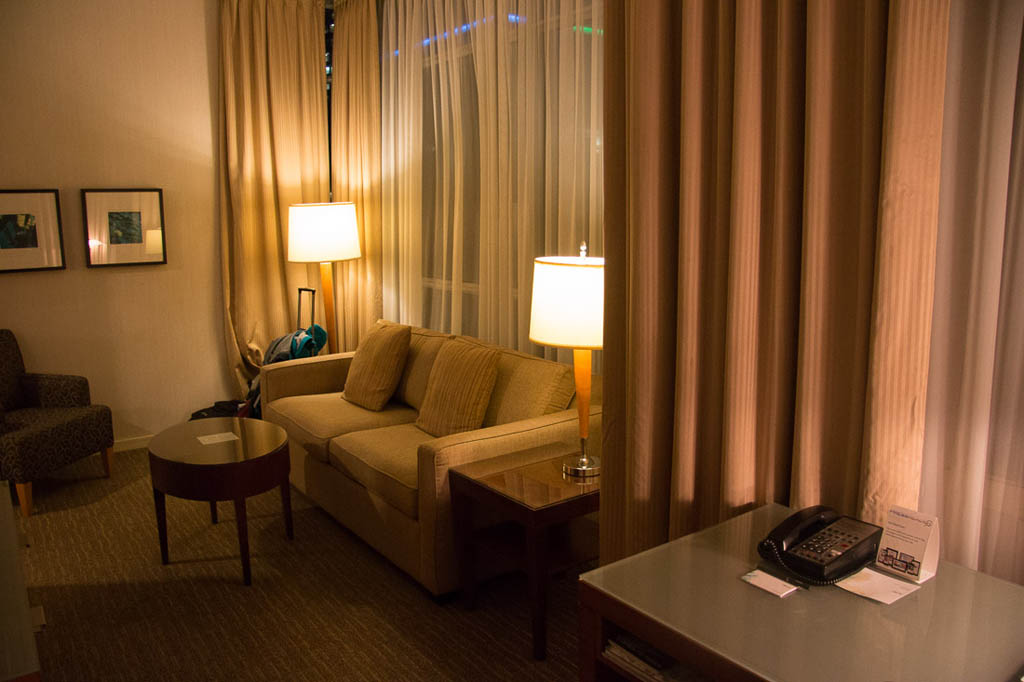 Living room in Deluxe Corner Suite at Westin Grand Vancouver