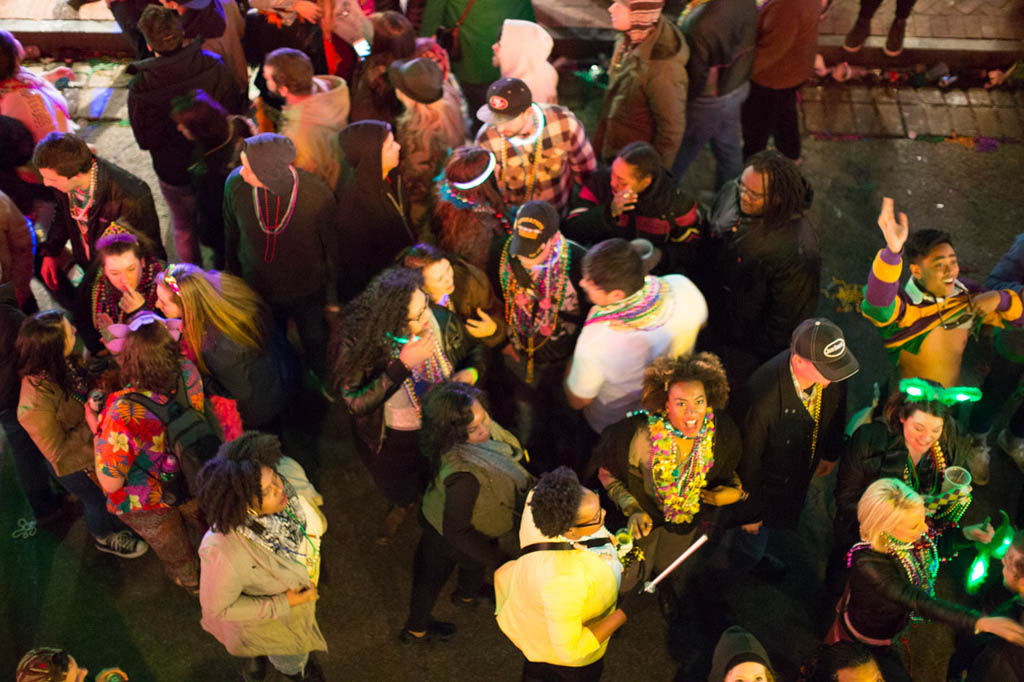 Crowds on street below Bourbon Vieux Balcony