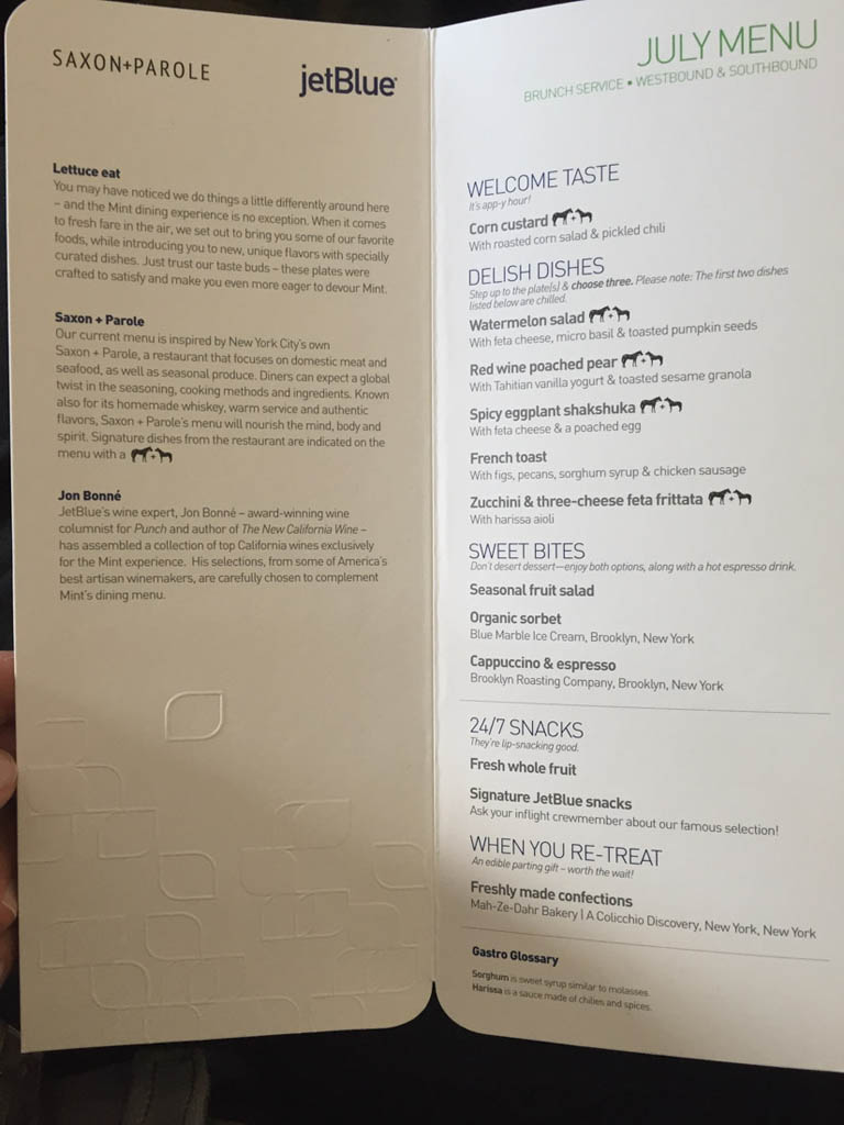 JetBlue Mint Class Menu