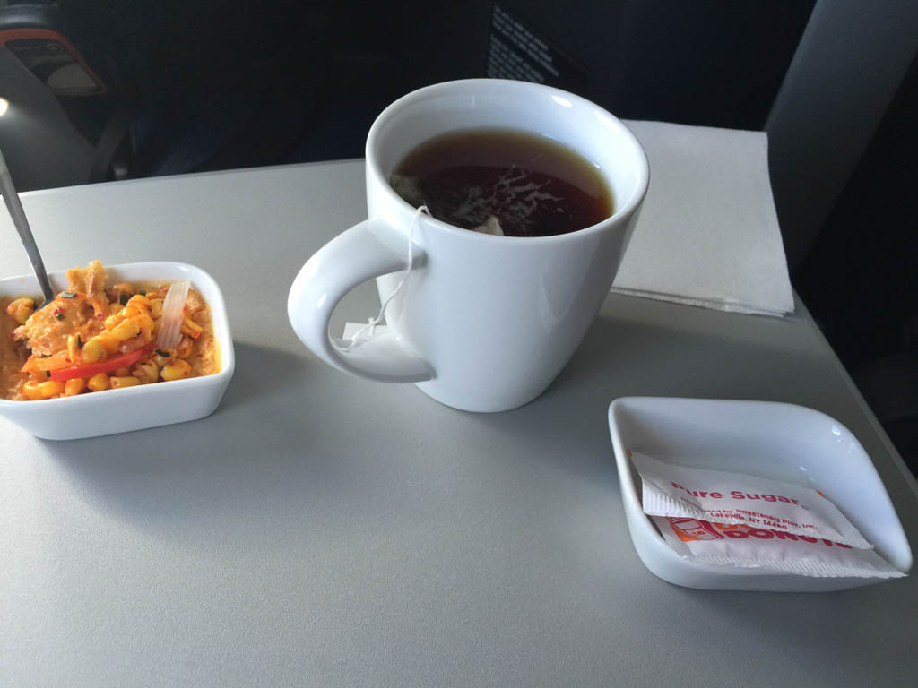 Corn salad and Tea in Jetblue Mint Class