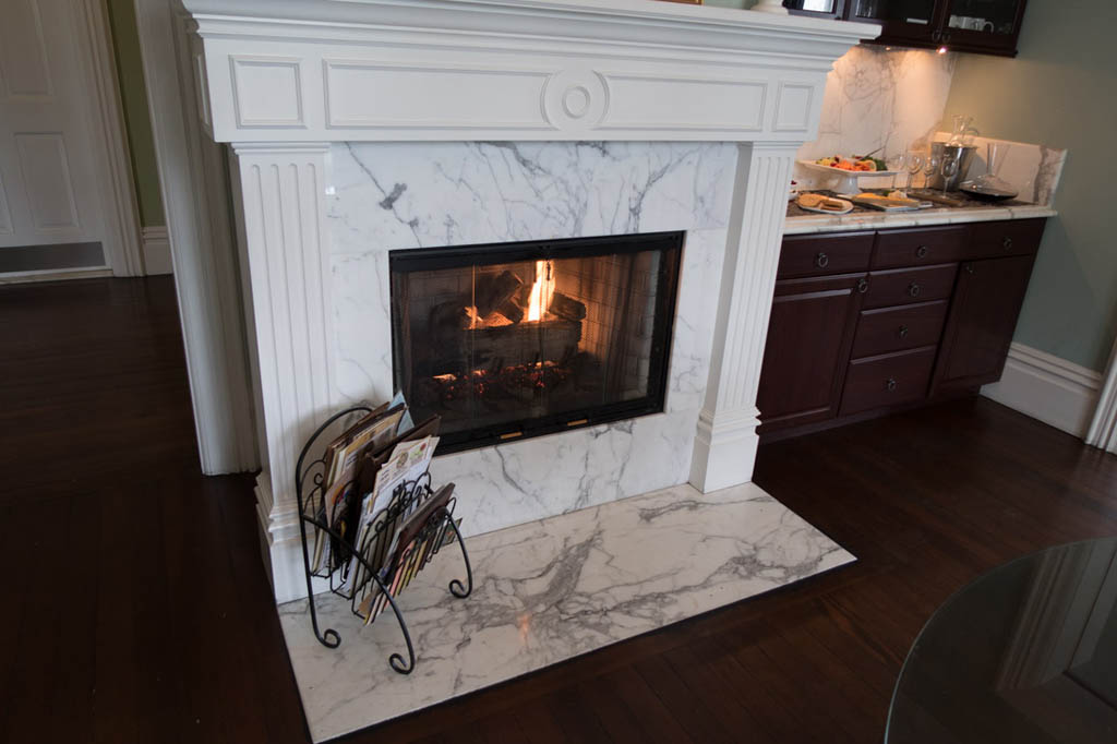 Fireplace in dining area