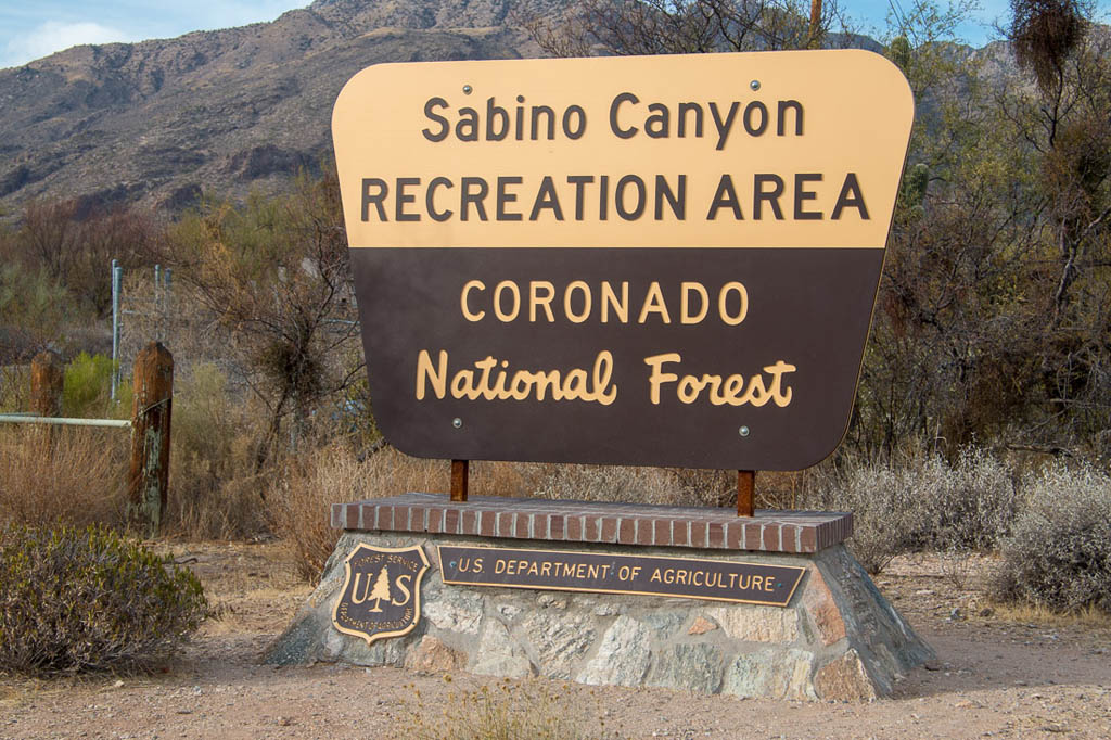 Entrance sign for Sabino Canyon Recreation Area in Coronado National Forest