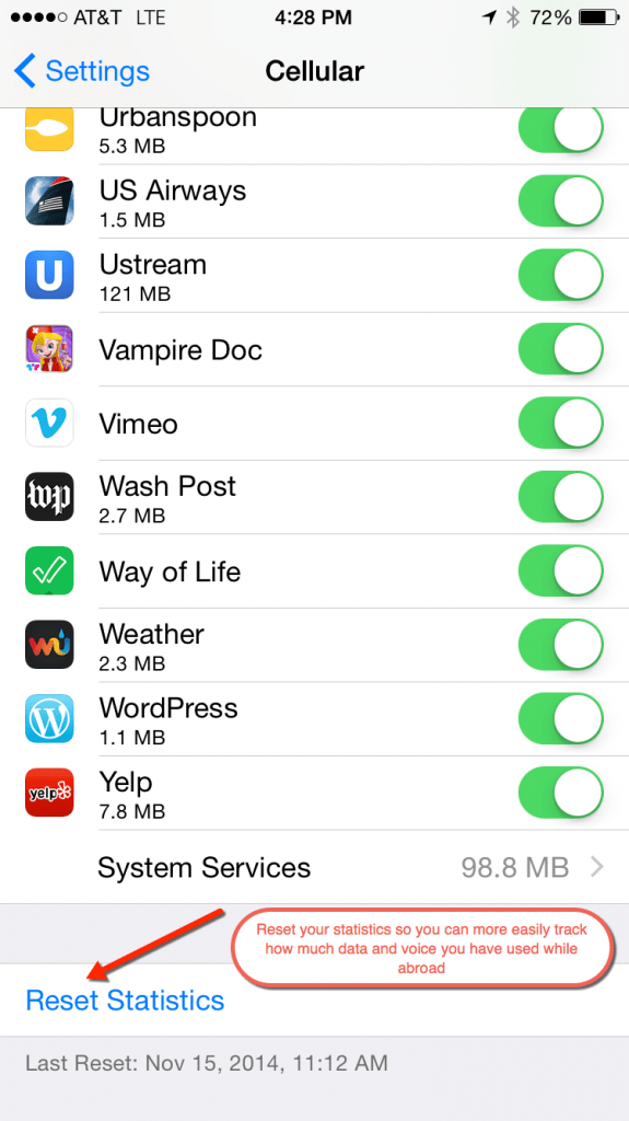 Reset data usage statistics on iPhone to Track how Much Data you've used